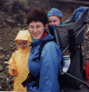 At the Great Smokey Mountains with Claude & Hugo, 1997. God knows what possessed me to dye my hair that one, and only, time.